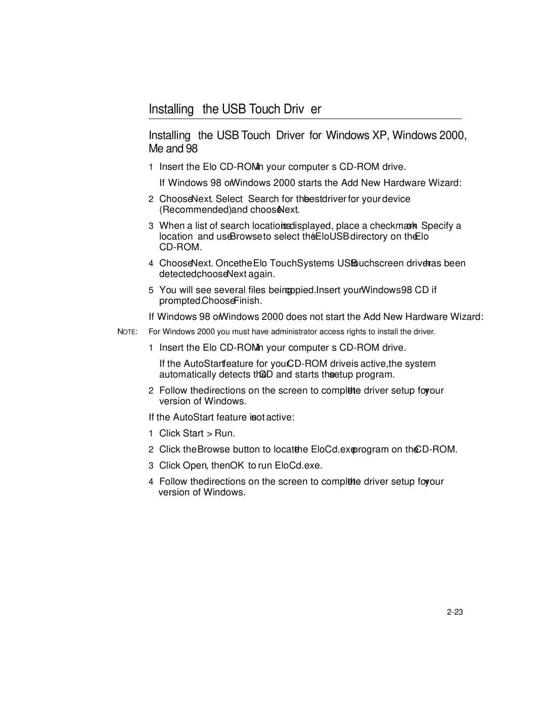 Elo TouchSystems 1525L manual Installing the USB Touch Driver 