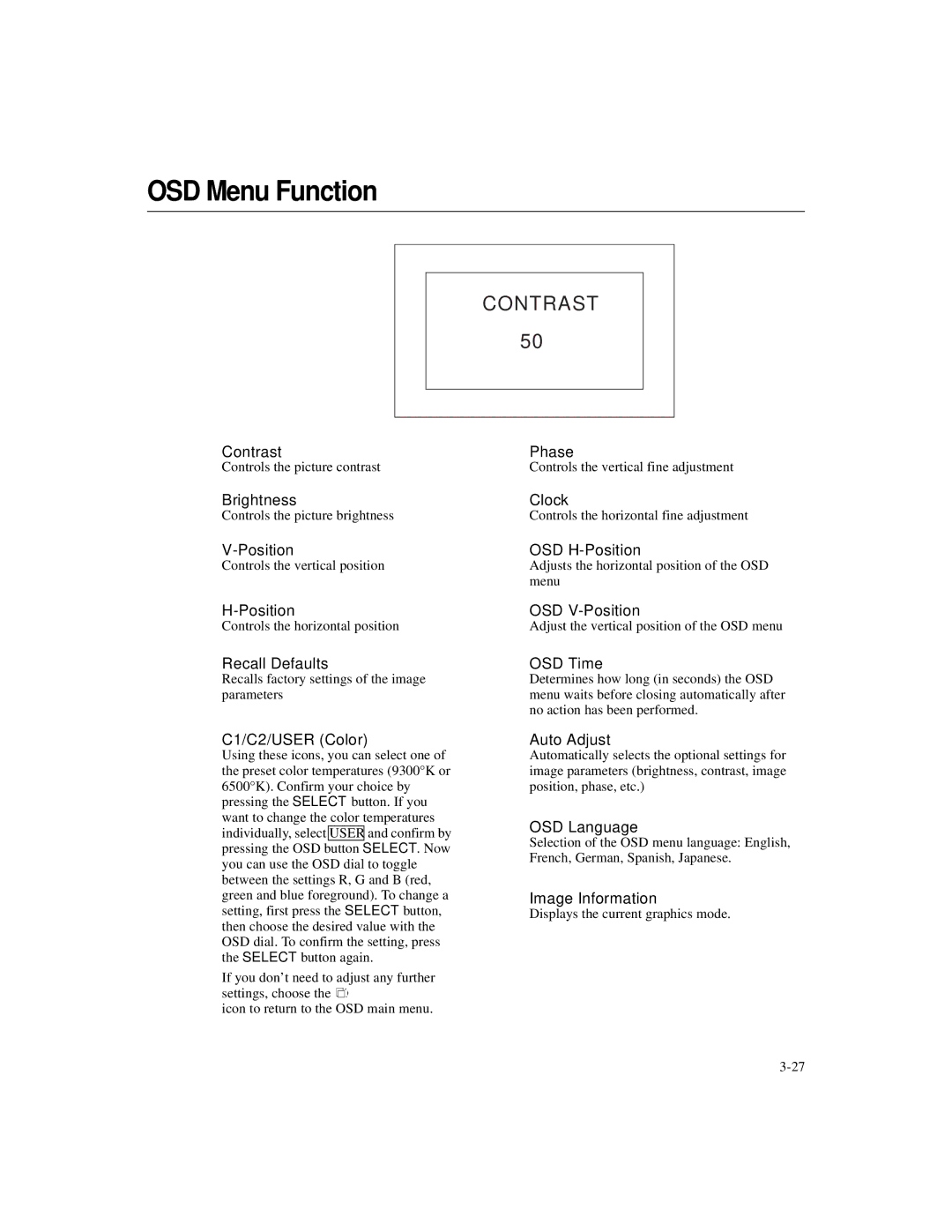 Elo TouchSystems 1525L manual OSD Menu Function, Contrast 