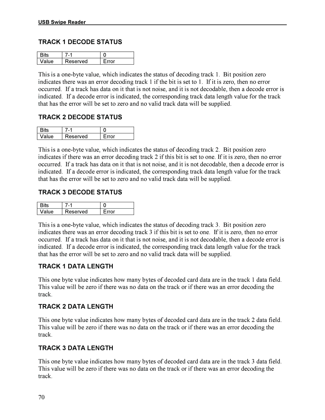 Elo TouchSystems 1525L manual Track 1 Decode Status, Track 2 Decode Status, Track 3 Decode Status, Track 1 Data Length 