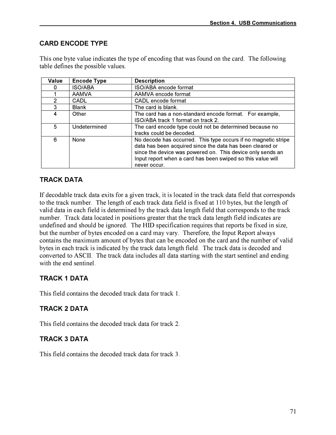 Elo TouchSystems 1525L manual Card Encode Type, Track Data, Track 1 Data, Track 2 Data, Track 3 Data 