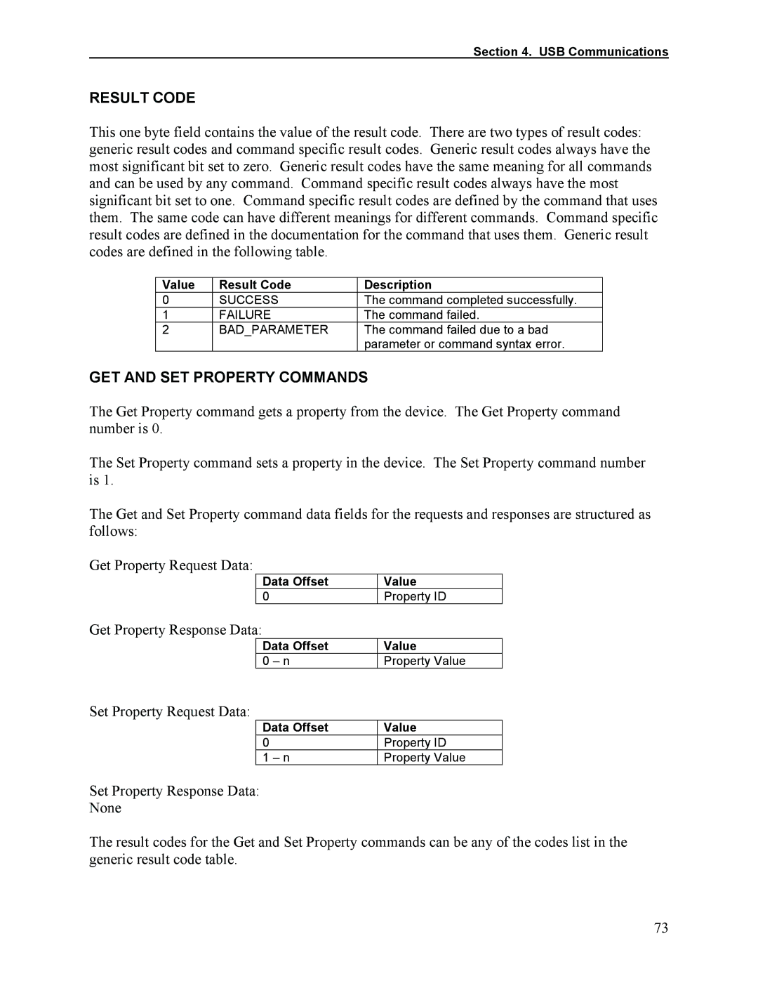 Elo TouchSystems 1525L Result Code, GET and SET Property Commands, Get Property Response Data, Set Property Request Data 