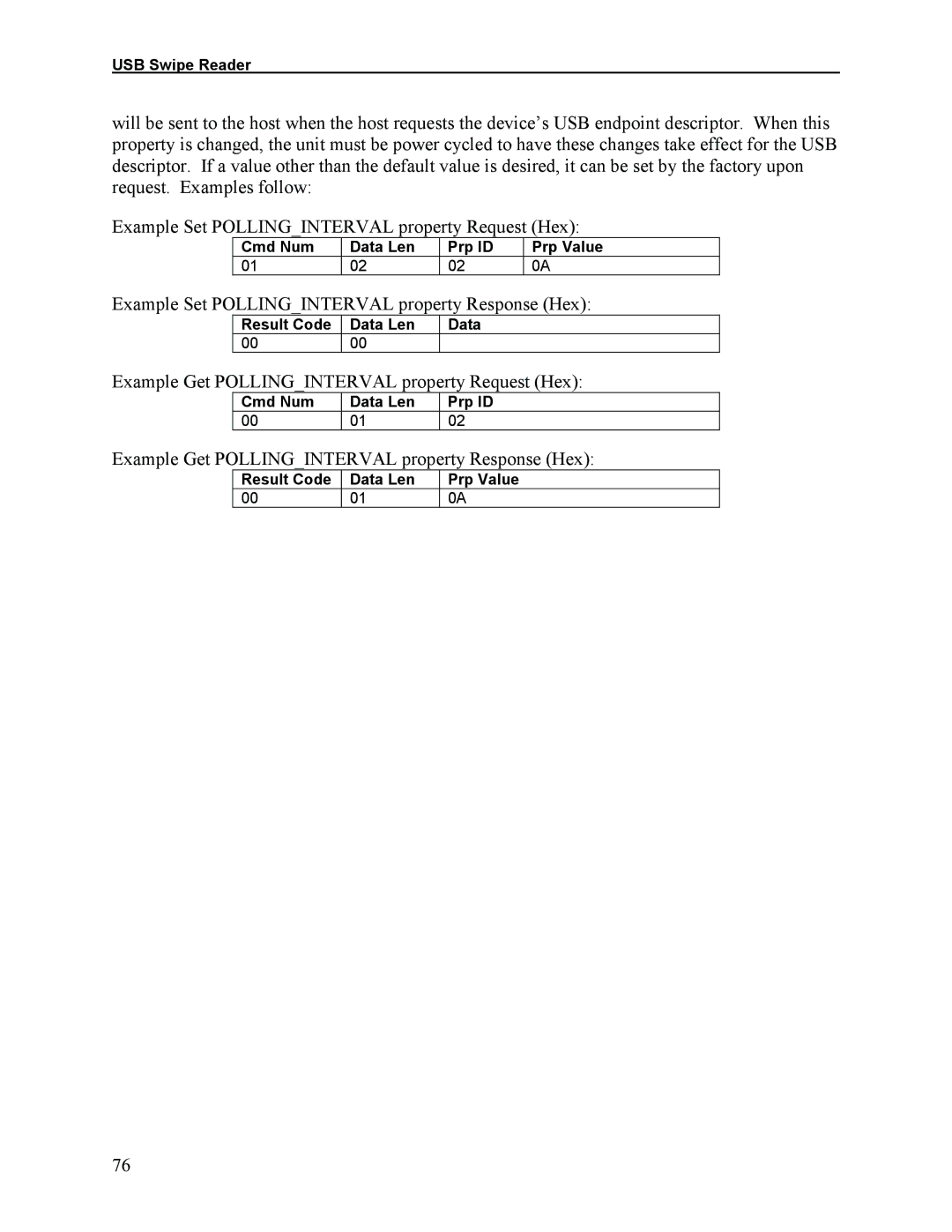 Elo TouchSystems 1525L Example Set Pollinginterval property Response Hex, Example Get Pollinginterval property Request Hex 