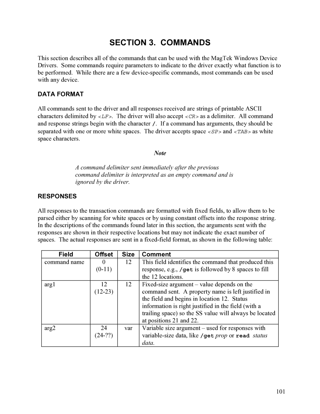 Elo TouchSystems 1525L manual Commands, Data Format, Responses, Field Offset Size Comment, 101 