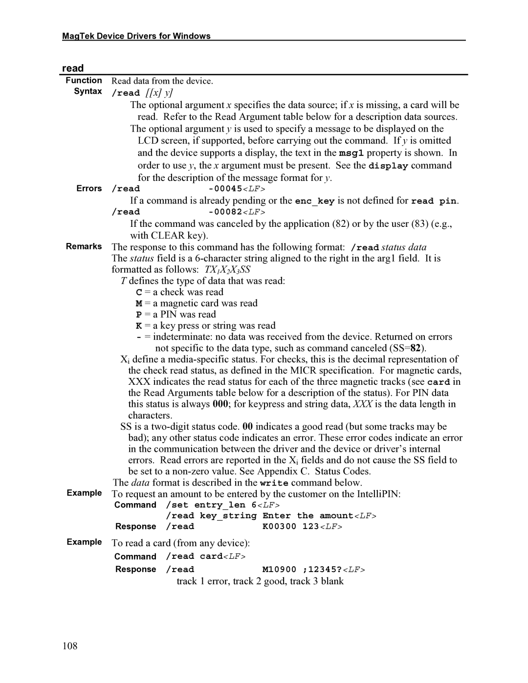 Elo TouchSystems 1525L manual Read, Example To read a card from any device, 108 