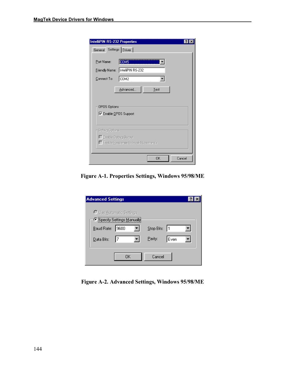 Elo TouchSystems 1525L manual Figure A-1. Properties Settings, Windows 95/98/ME, 144 