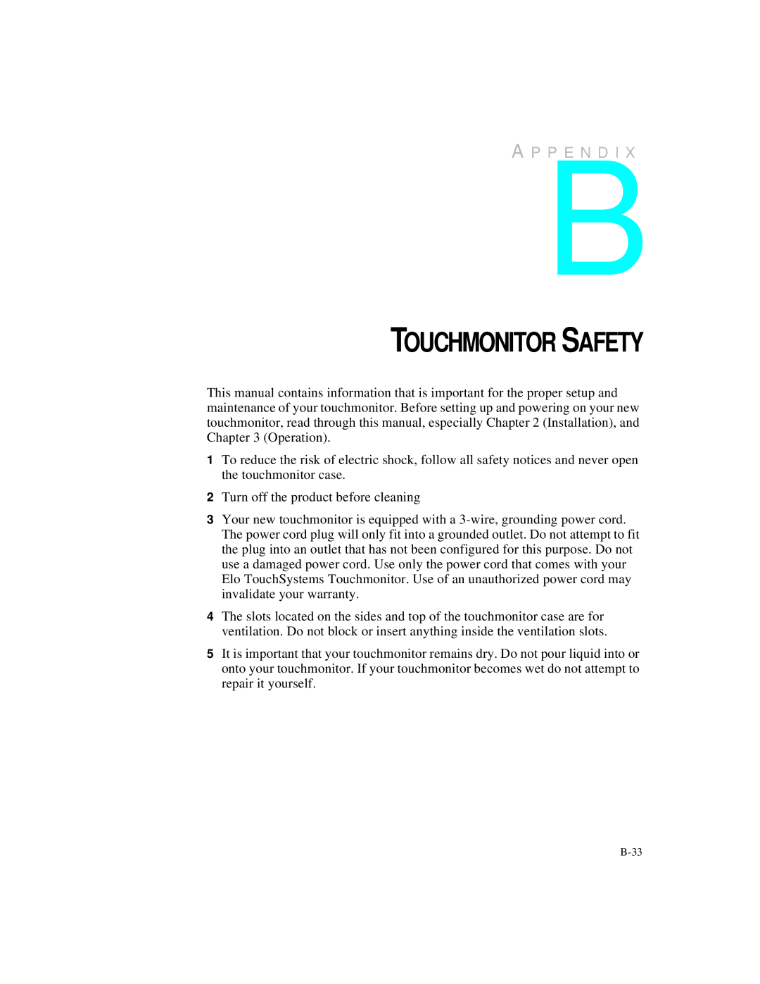 Elo TouchSystems 1525L manual Touchmonitor Safety 