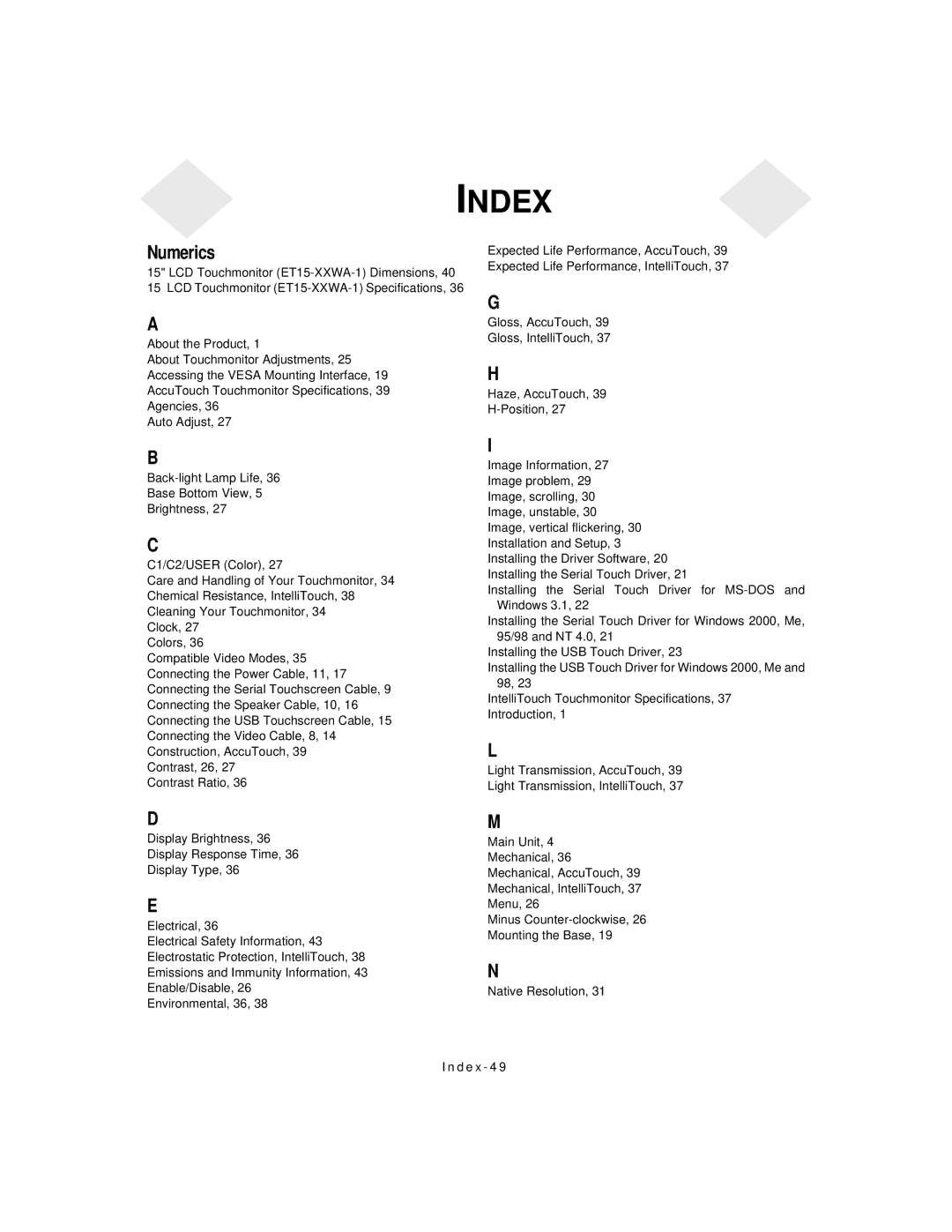 Elo TouchSystems 1525L manual Index 