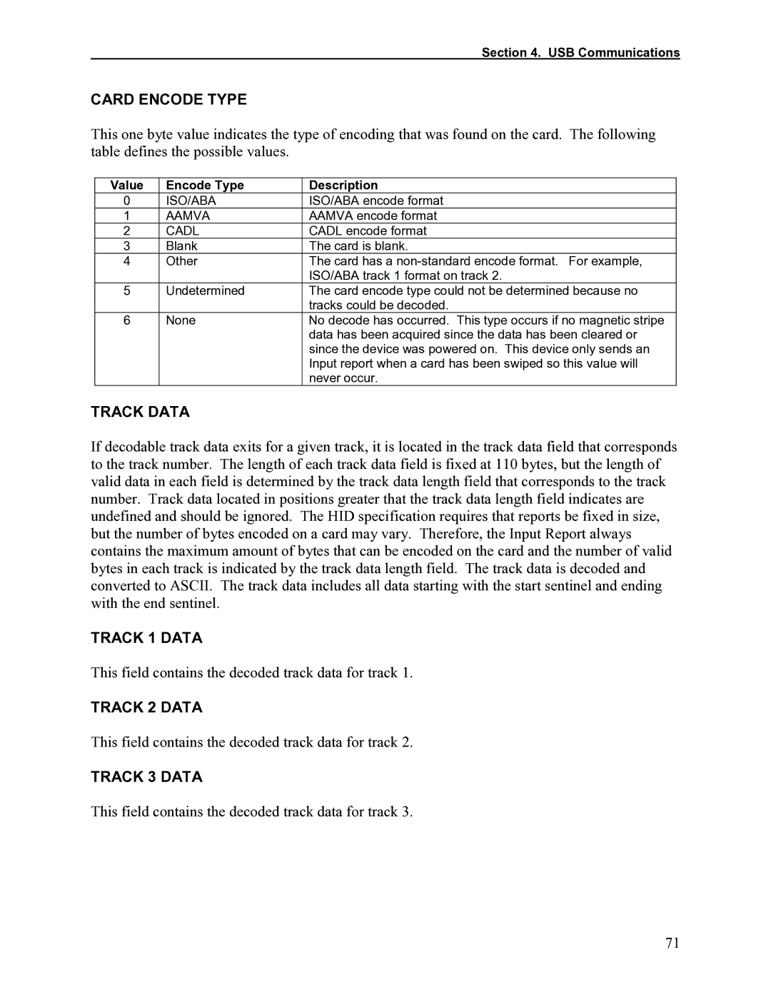 Elo TouchSystems 1525L manual Card Encode Type, Track Data, Track 1 Data, Track 2 Data, Track 3 Data 