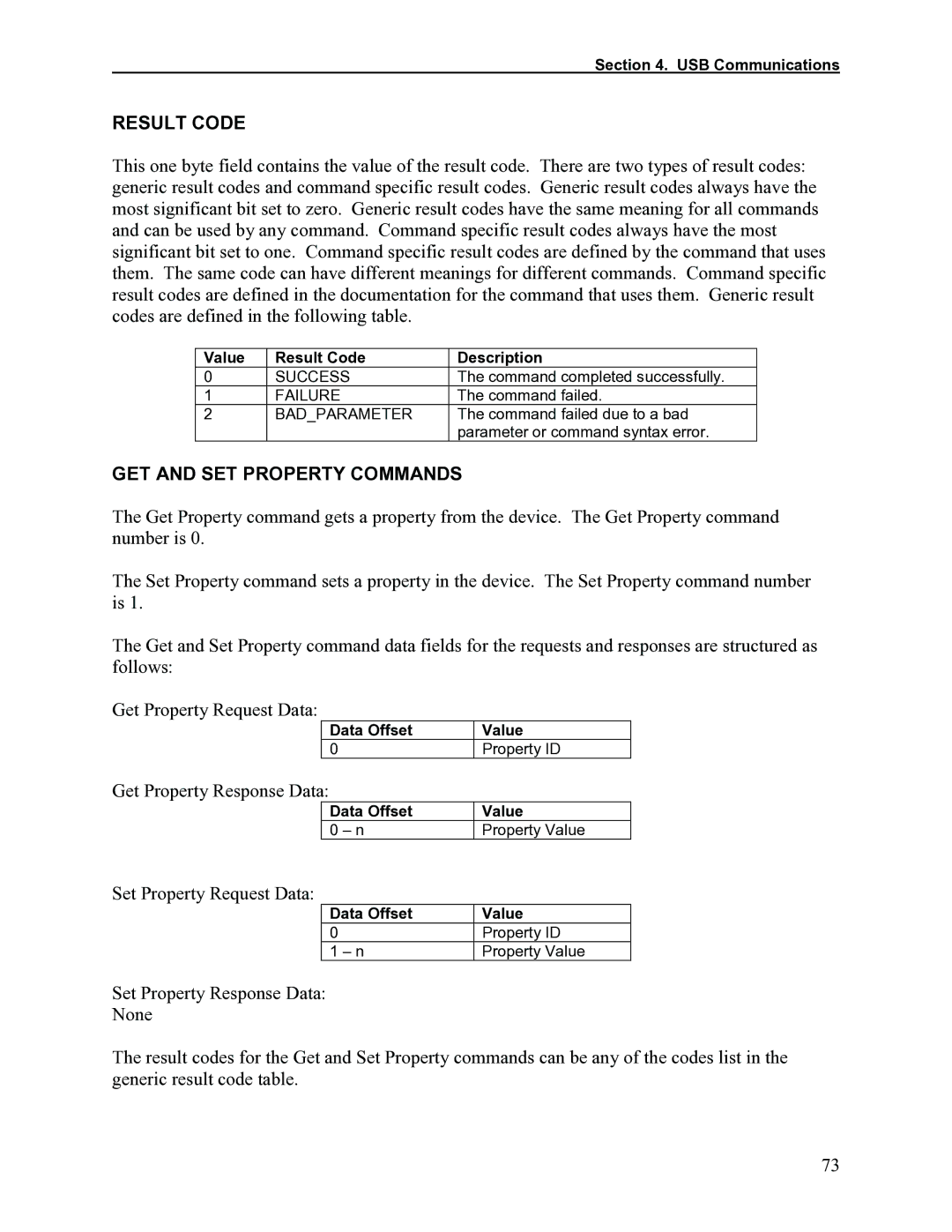 Elo TouchSystems 1525L Result Code, GET and SET Property Commands, Get Property Response Data, Set Property Request Data 