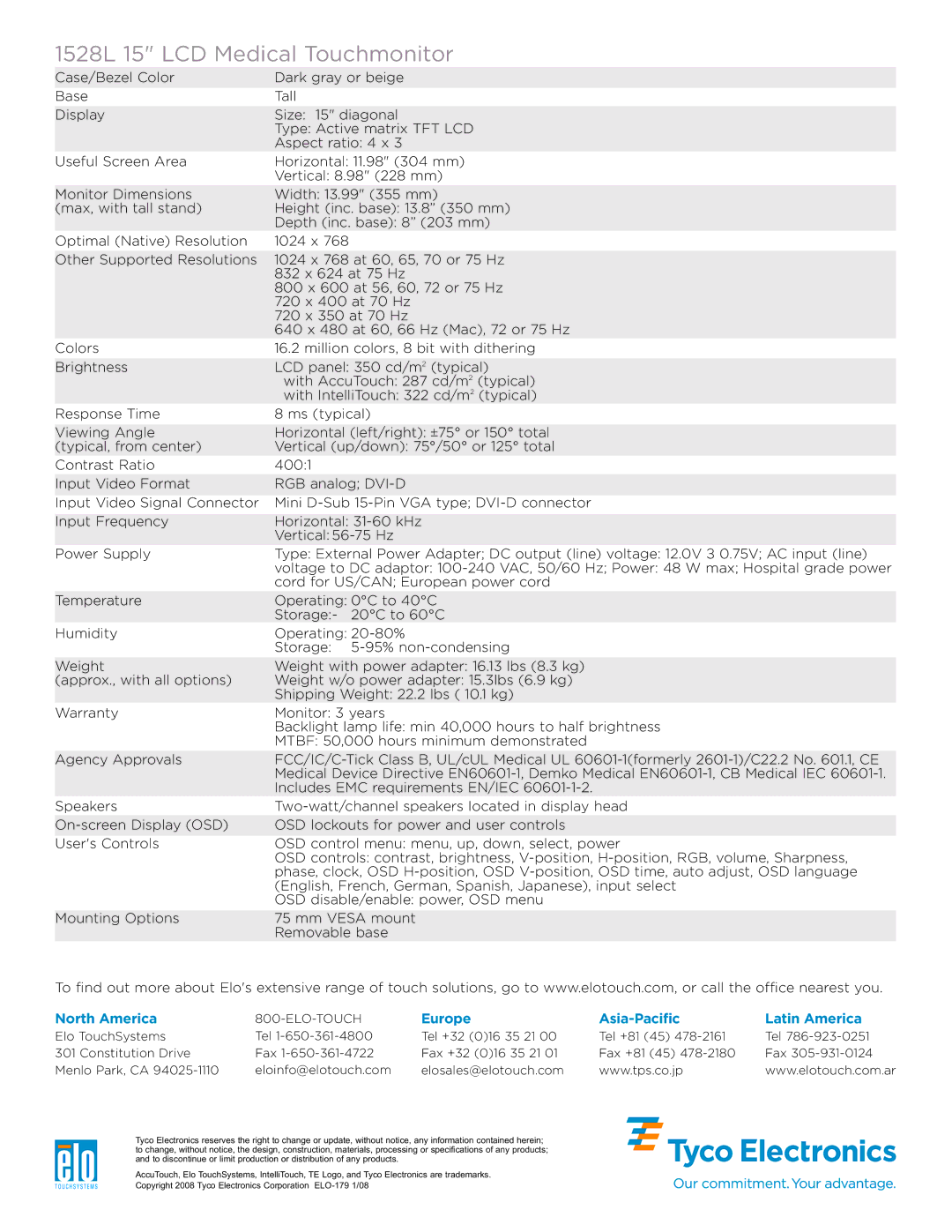 Elo TouchSystems warranty 1528L 15 LCD Medical Touchmonitor, North America, Europe Asia-Pacific Latin America 