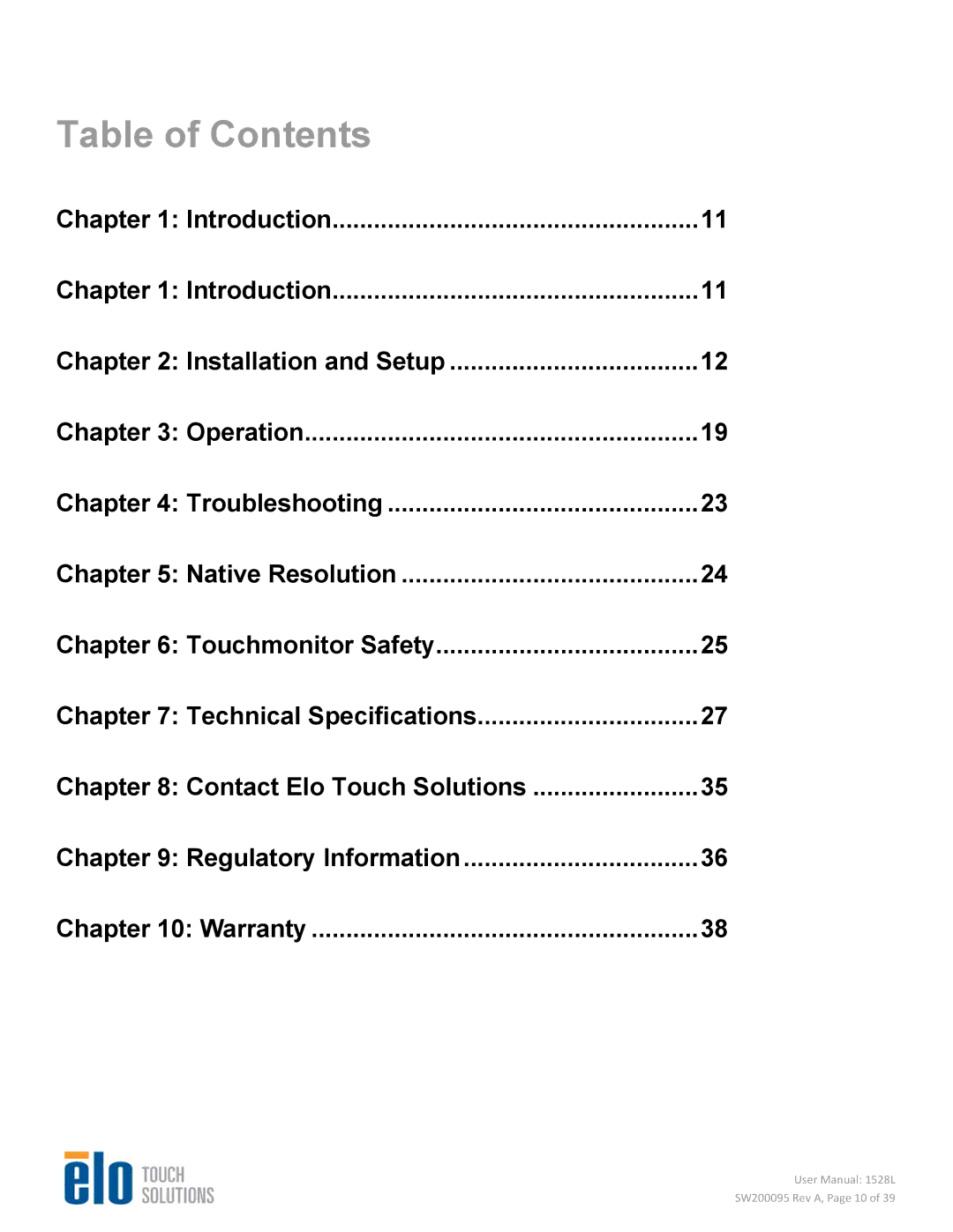 Elo TouchSystems 1528L user manual Table of Contents 