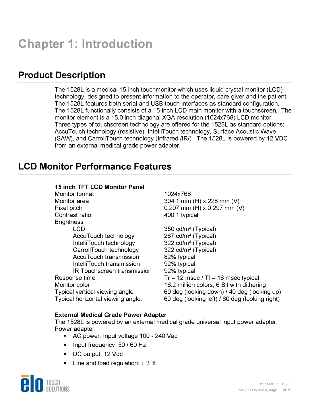 Elo TouchSystems 1528L Introduction, Product Description, LCD Monitor Performance Features, Inch TFT LCD Monitor Panel 