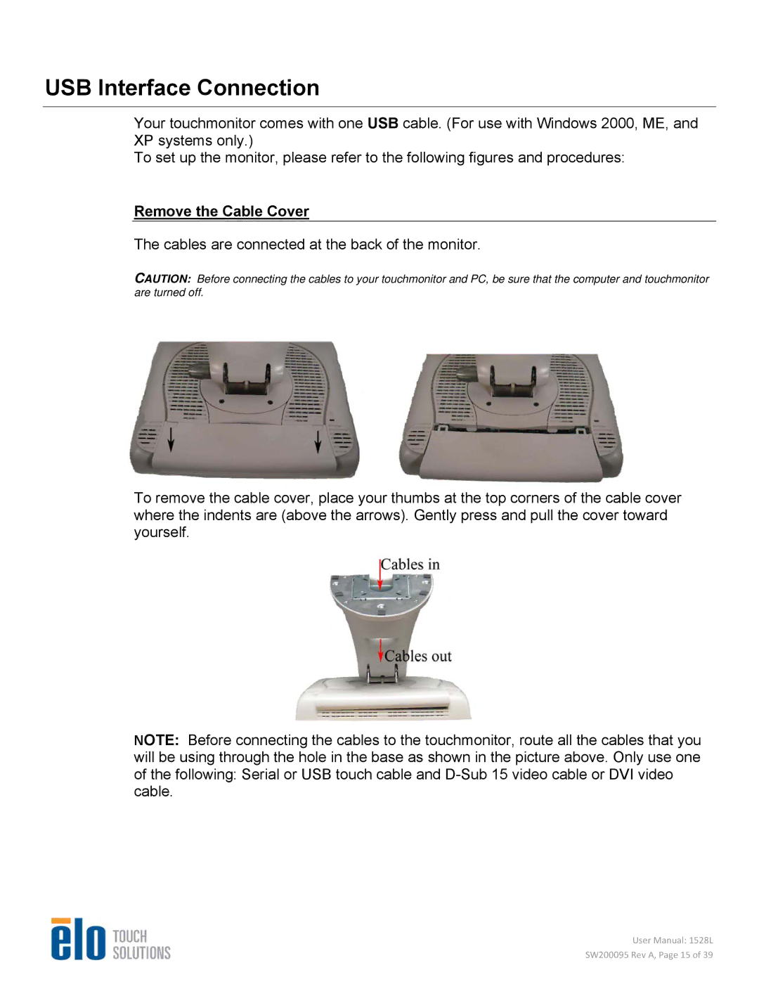 Elo TouchSystems 1528L user manual USB Interface Connection, Remove the Cable Cover 