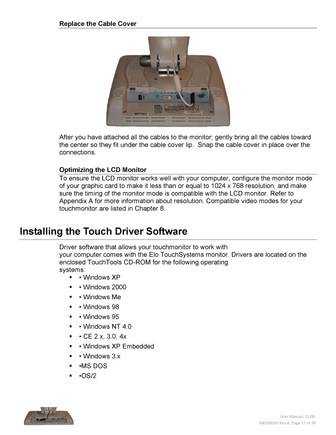 Elo TouchSystems 1528L Installing the Touch Driver Software, Replace the Cable Cover, Optimizing the LCD Monitor 