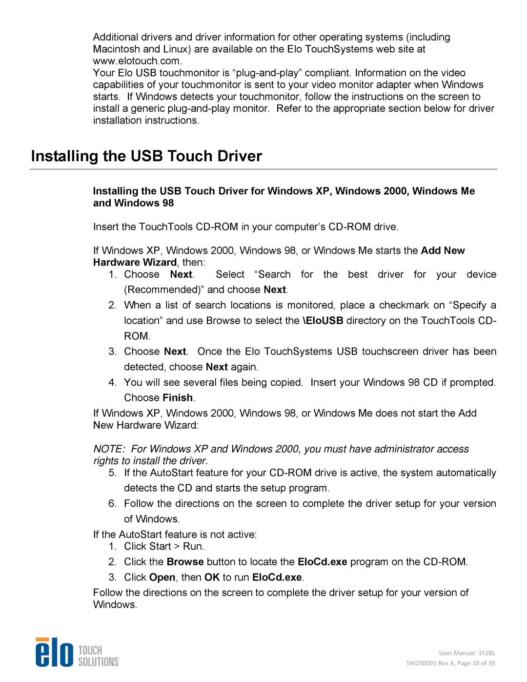 Elo TouchSystems 1528L user manual Installing the USB Touch Driver 