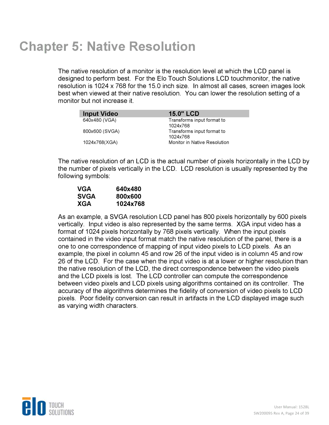 Elo TouchSystems 1528L user manual Native Resolution, Input Video 15.0 LCD, VGA Svga XGA 