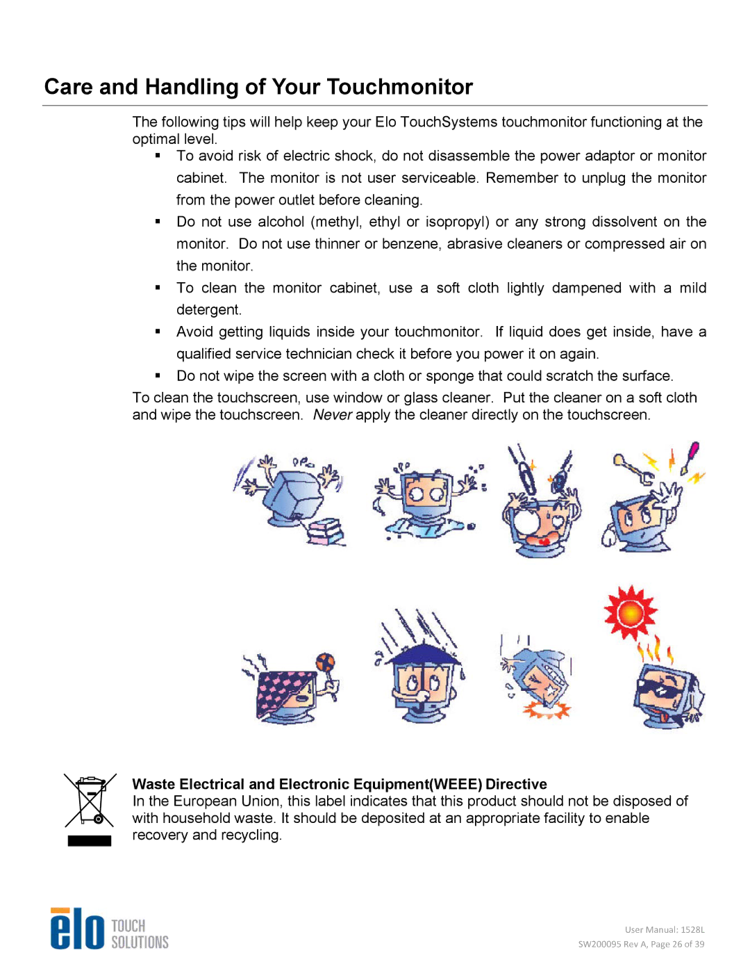 Elo TouchSystems 1528L Care and Handling of Your Touchmonitor, Waste Electrical and Electronic EquipmentWEEE Directive 