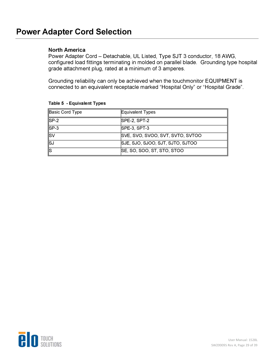 Elo TouchSystems 1528L user manual Power Adapter Cord Selection, North America, Equivalent Types 