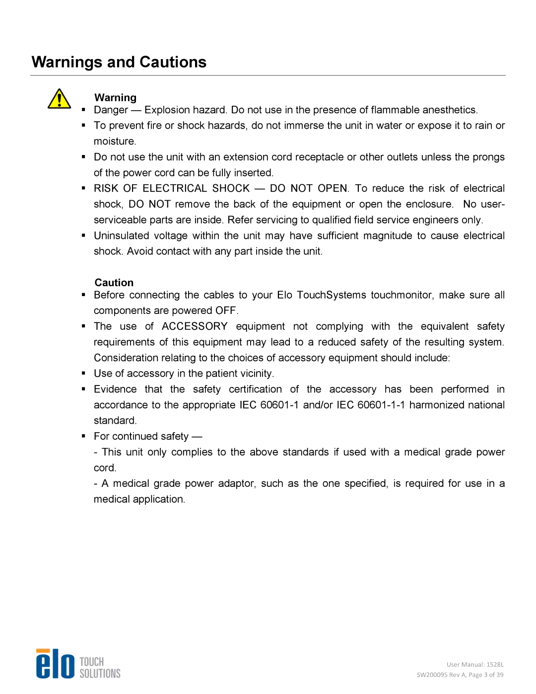 Elo TouchSystems 1528L user manual SW200095 Rev A, Page 3 