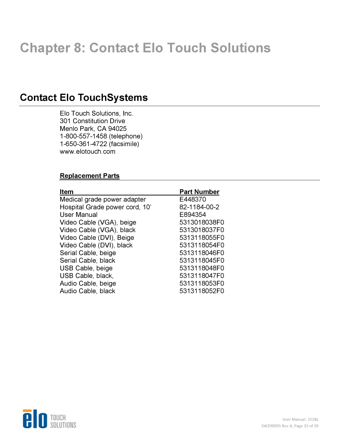 Elo TouchSystems 1528L user manual Contact Elo Touch Solutions, Contact Elo TouchSystems, Replacement Parts Part Number 