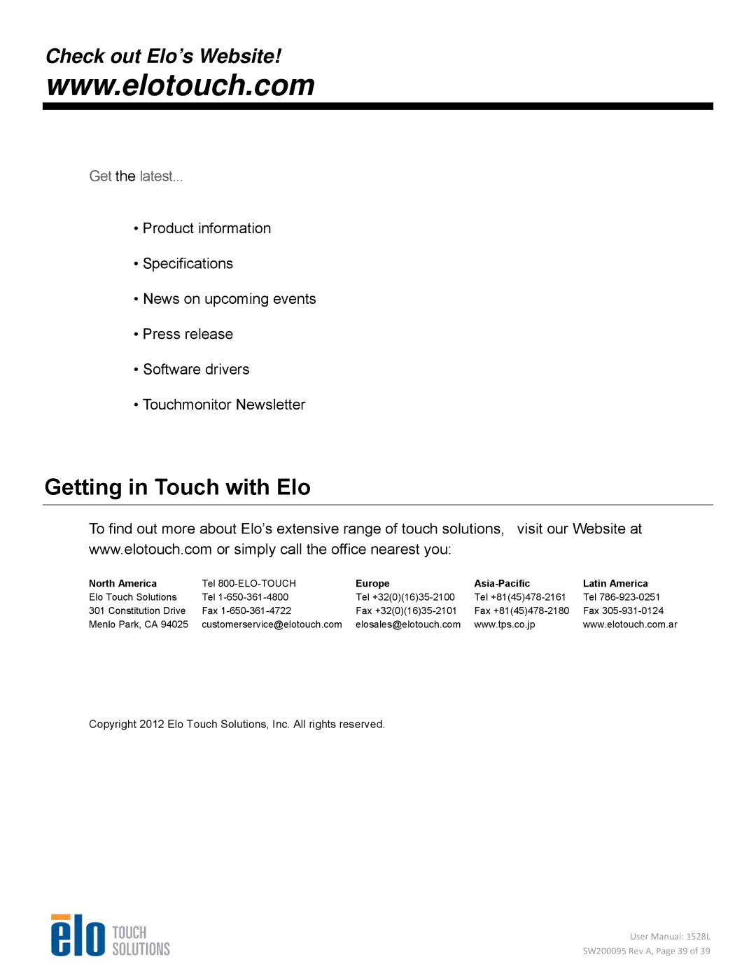 Elo TouchSystems 1528L user manual Getting in Touch with Elo, Check out Elo’s Website 