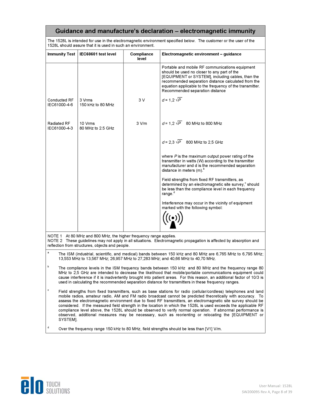 Elo TouchSystems 1528L user manual Portable and mobile RF communications equipment 