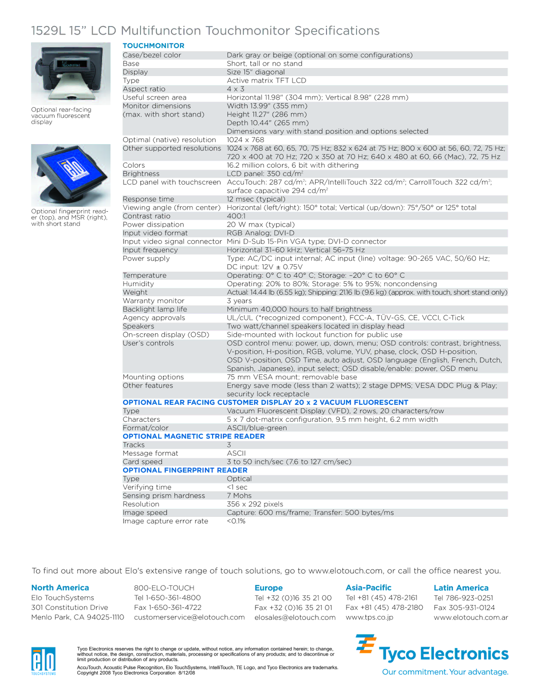 Elo TouchSystems 15298L manual 1529L 15 LCD Multifunction Touchmonitor Specifications, North America 