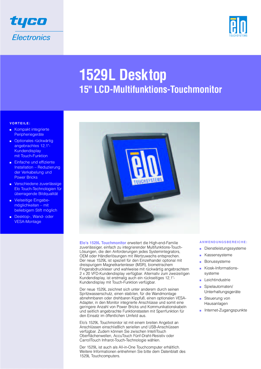 Elo TouchSystems manual 1529L Desktop, LCD-Multifunktions-Touchmonitor 