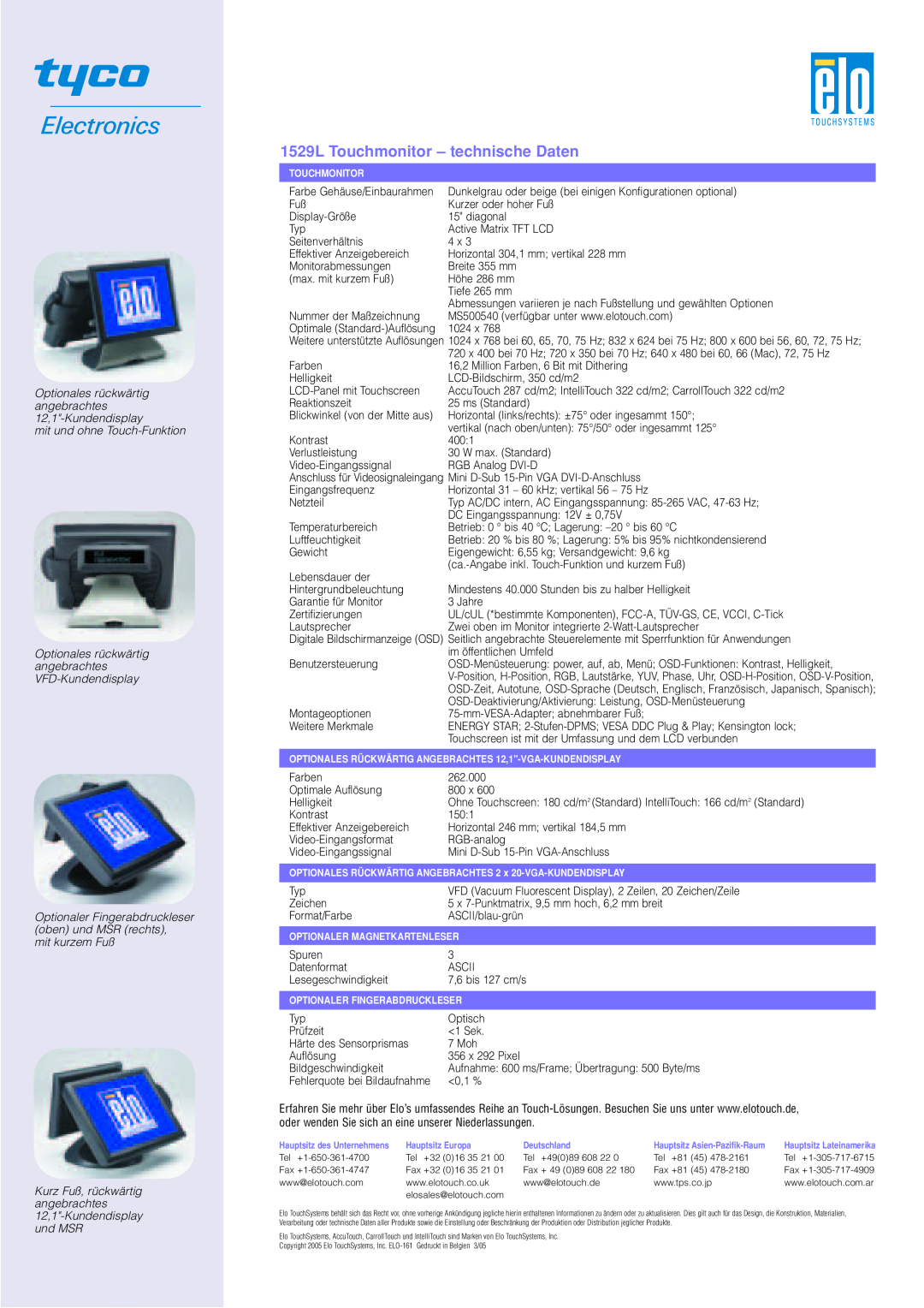 Elo TouchSystems manual 1529L Touchmonitor - technische Daten, Optionales rückwärtig angebrachtes 12,1-Kundendisplay 
