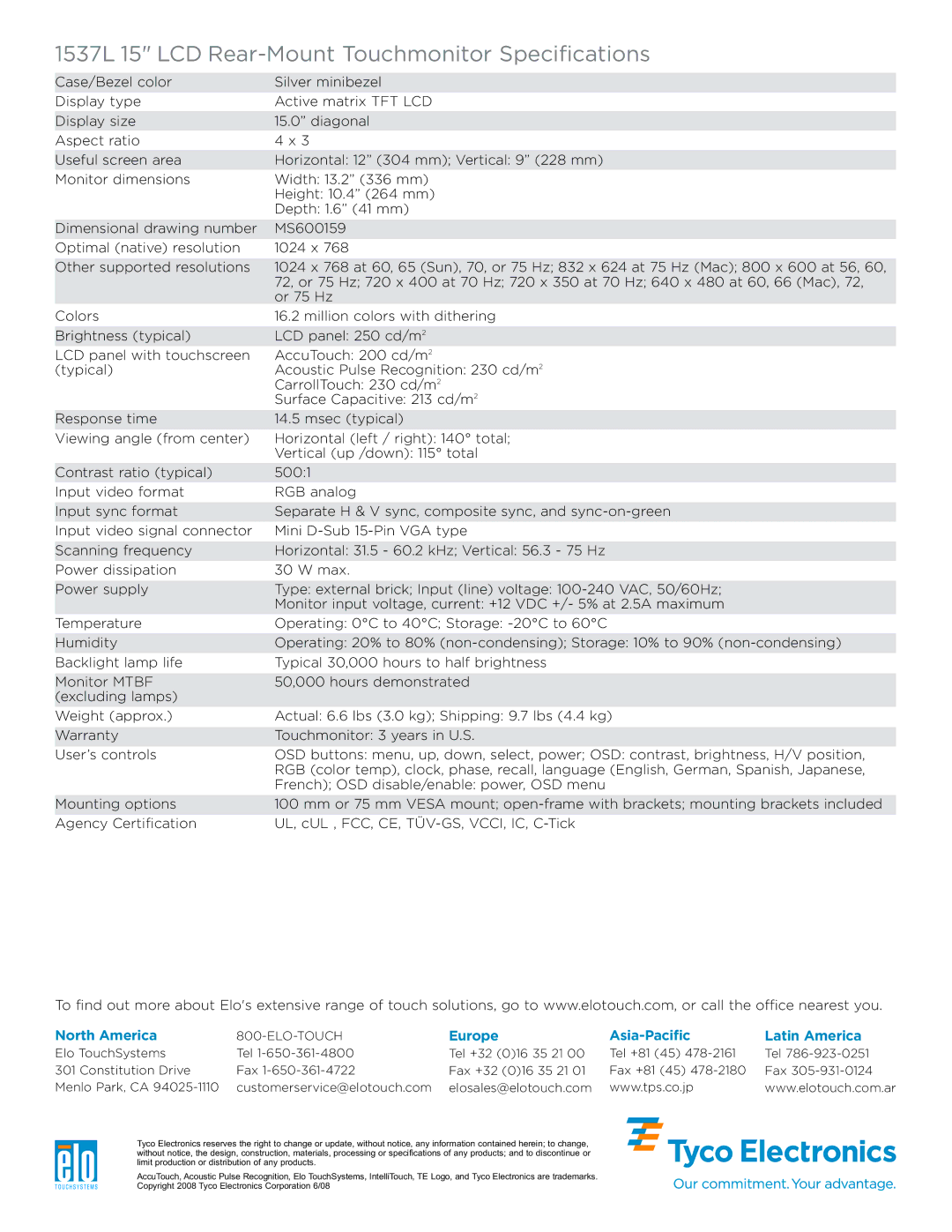 Elo TouchSystems 1537L 15 LCD Rear-Mount Touchmonitor Specifications, North America, Europe Asia-Pacific Latin America 