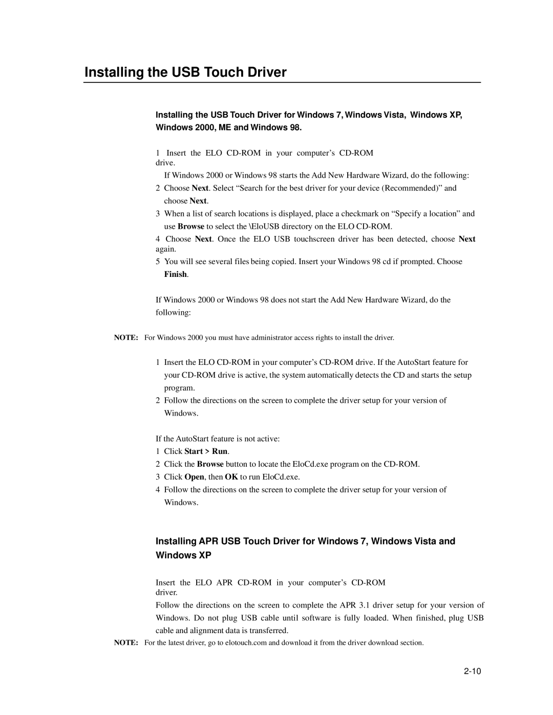 Elo TouchSystems 1537L manual Installing the USB Touch Driver 