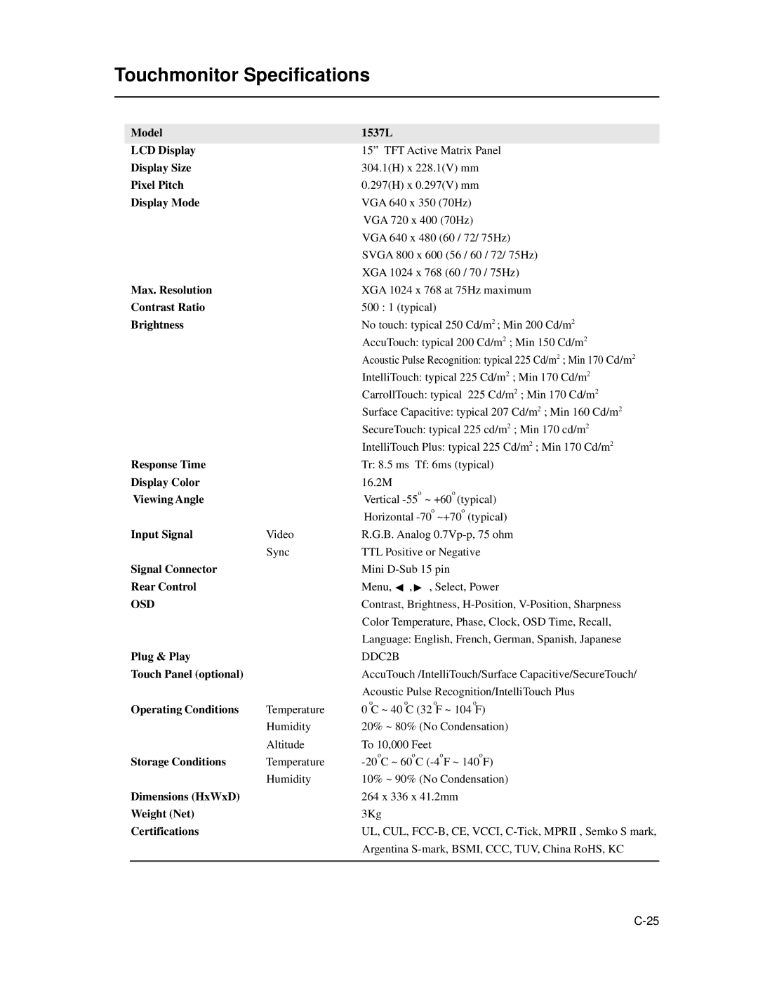 Elo TouchSystems 1537L manual Touchmonitor Specifications 