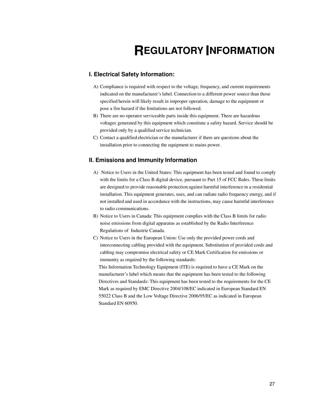 Elo TouchSystems 1537L manual Regulatory Information, Electrical Safety Information, II. Emissions and Immunity Information 