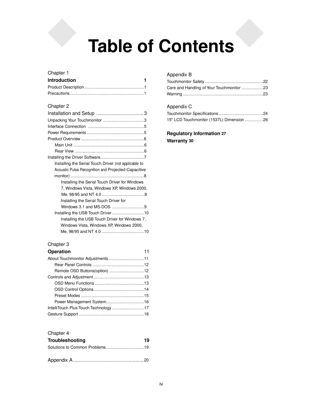 Elo TouchSystems 1537L manual Table of Contents 