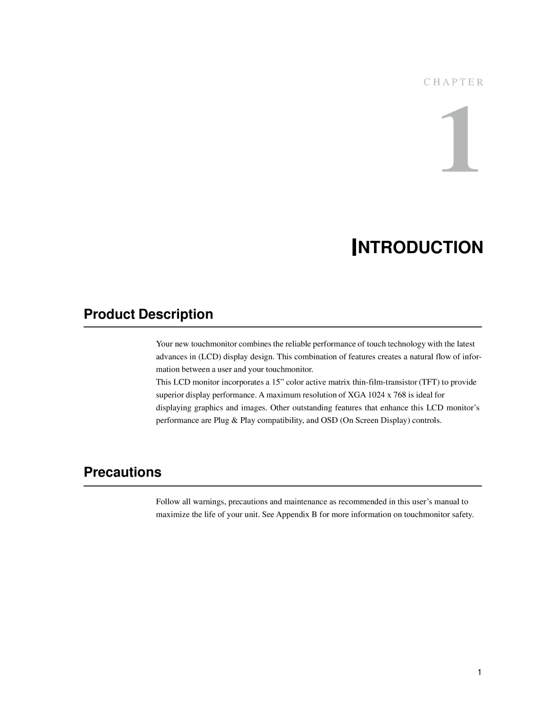 Elo TouchSystems 1537L manual Introduction, Product Description, Precautions 