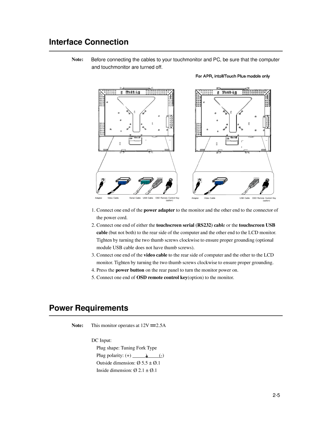 Elo TouchSystems 1537L manual Interface Connection, Power Requirements 