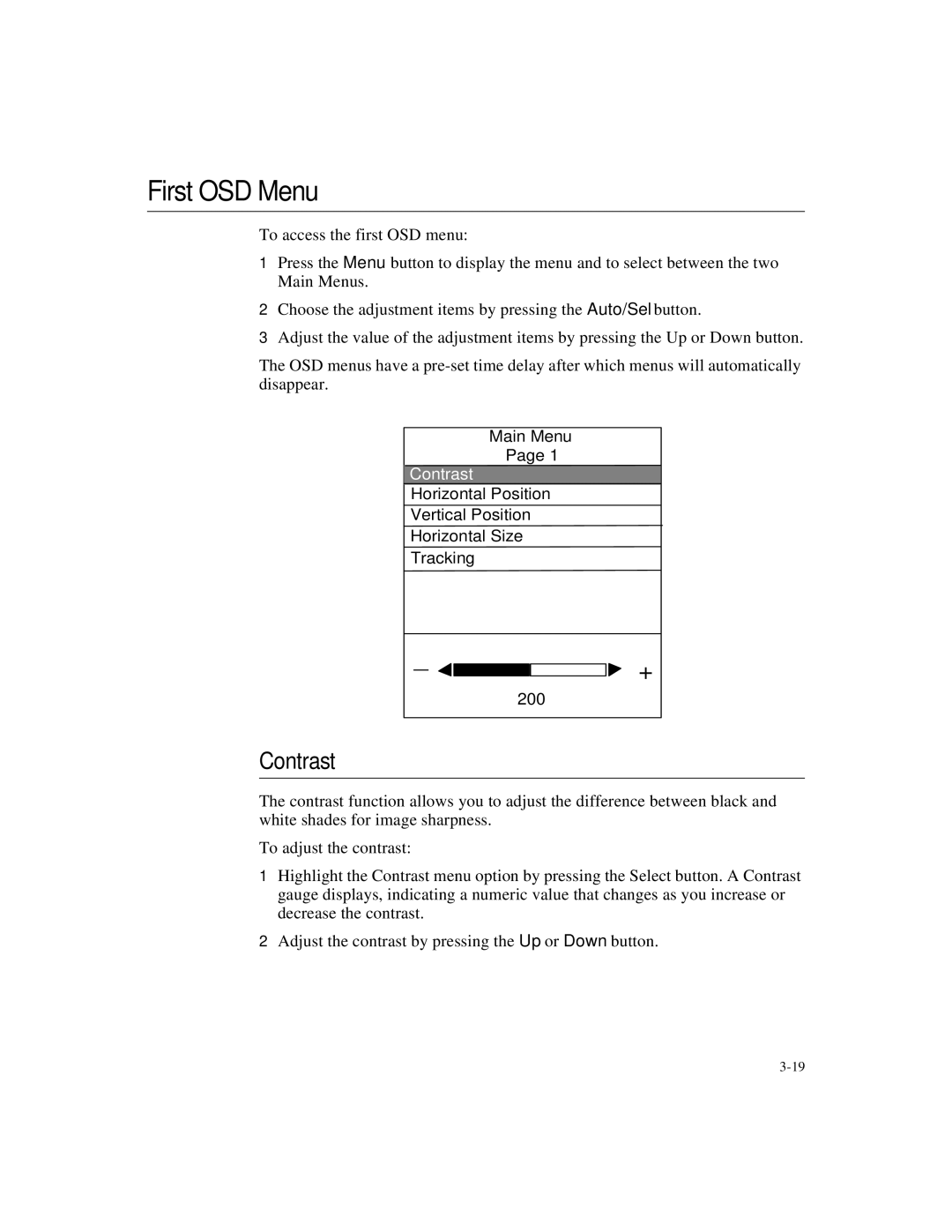 Elo TouchSystems 1566L manual First OSD Menu, Contrast 