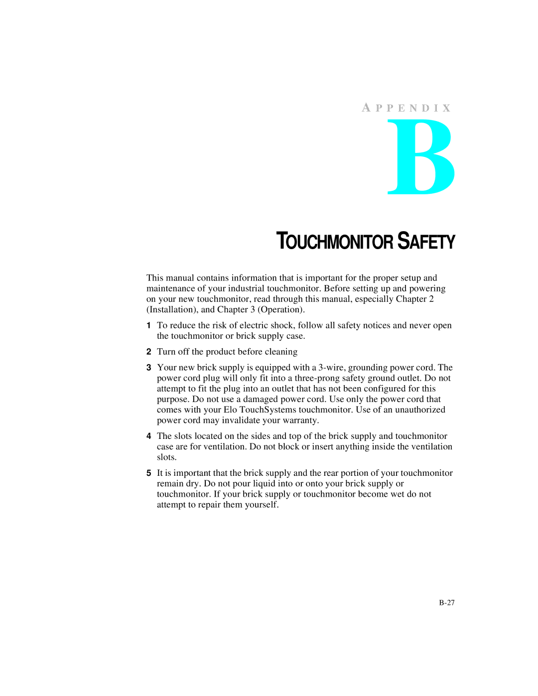 Elo TouchSystems 1566L manual Touchmonitor Safety 