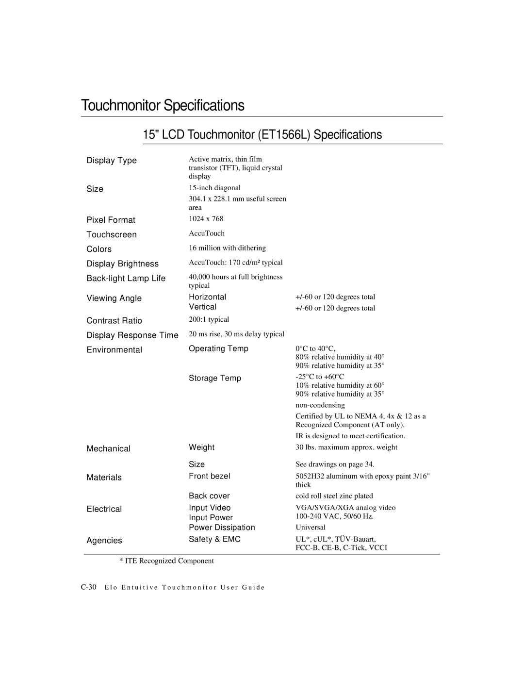 Elo TouchSystems manual Touchmonitor Specifications, LCD Touchmonitor ET1566L Specifications 