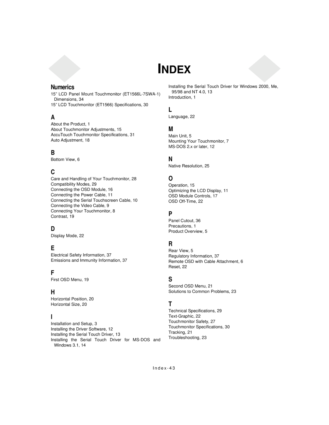 Elo TouchSystems 1566L manual Index 