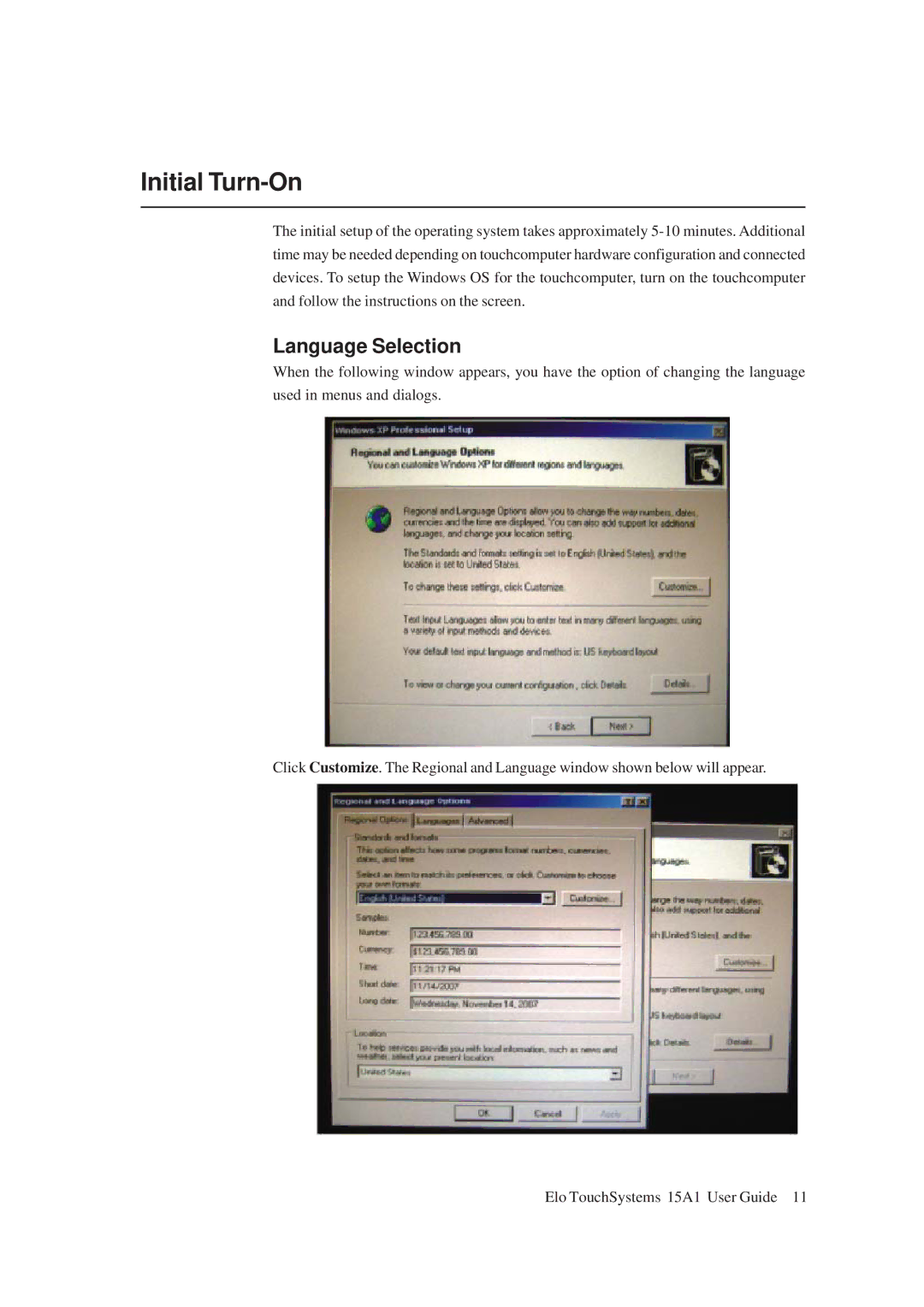 Elo TouchSystems 15A1 manual Initial Turn-On, Language Selection 