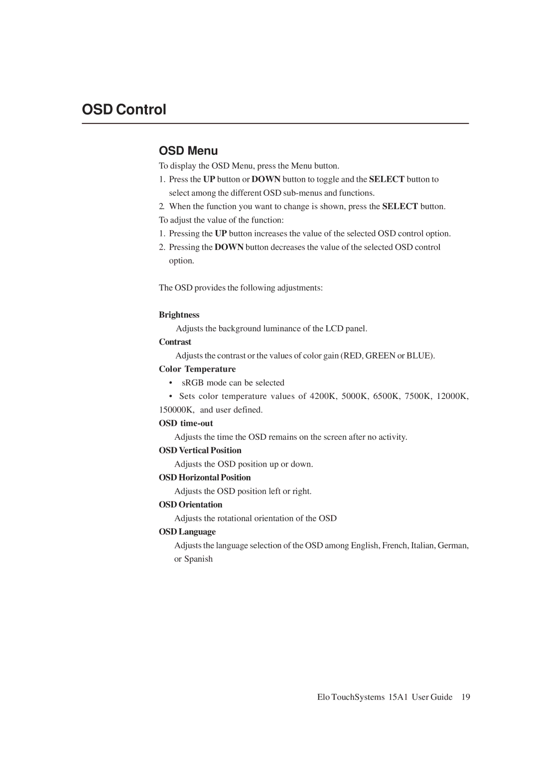 Elo TouchSystems 15A1 manual OSD Control, OSD Menu 