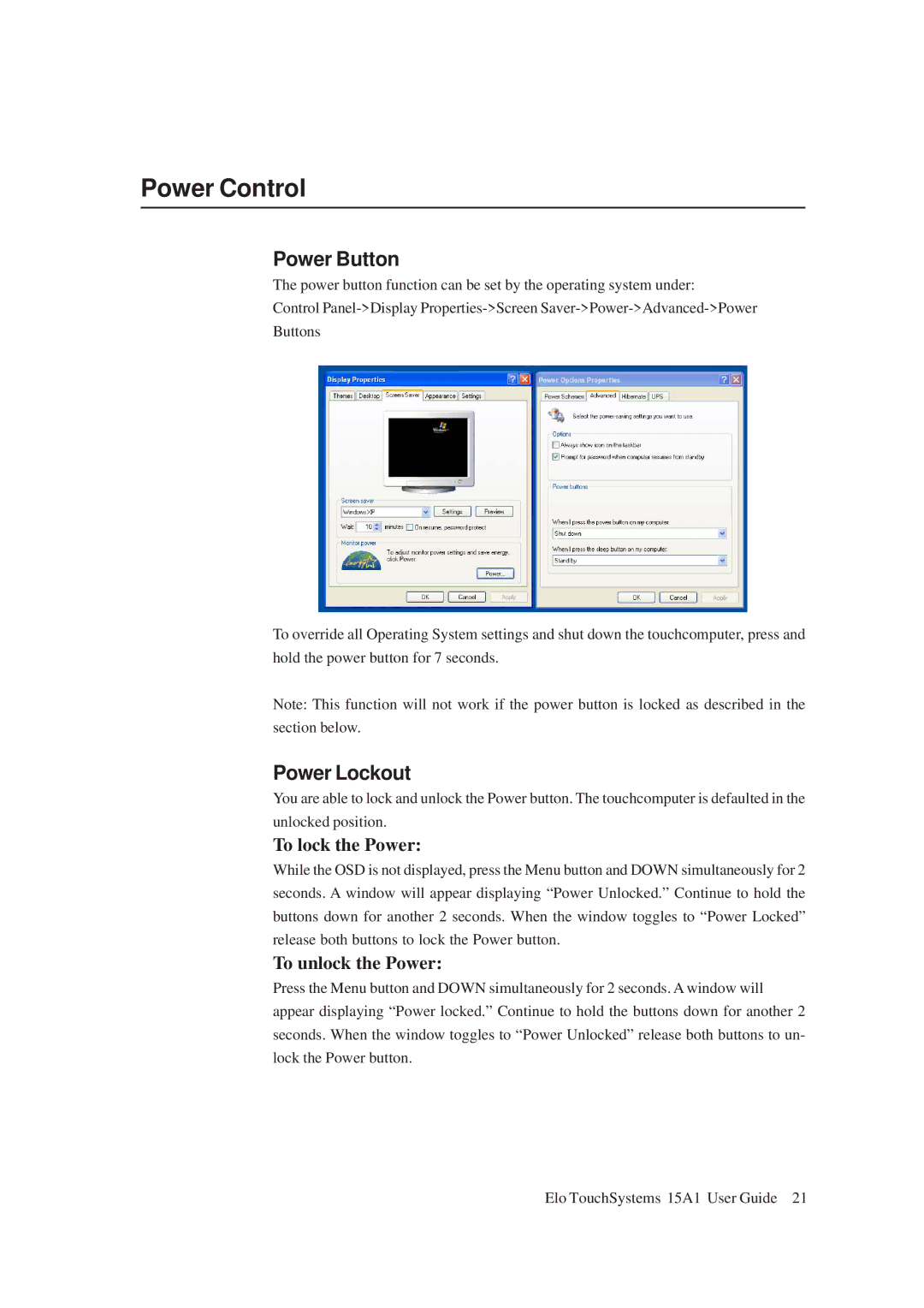 Elo TouchSystems 15A1 manual Power Control, Power Button, Power Lockout, To lock the Power, To unlock the Power 