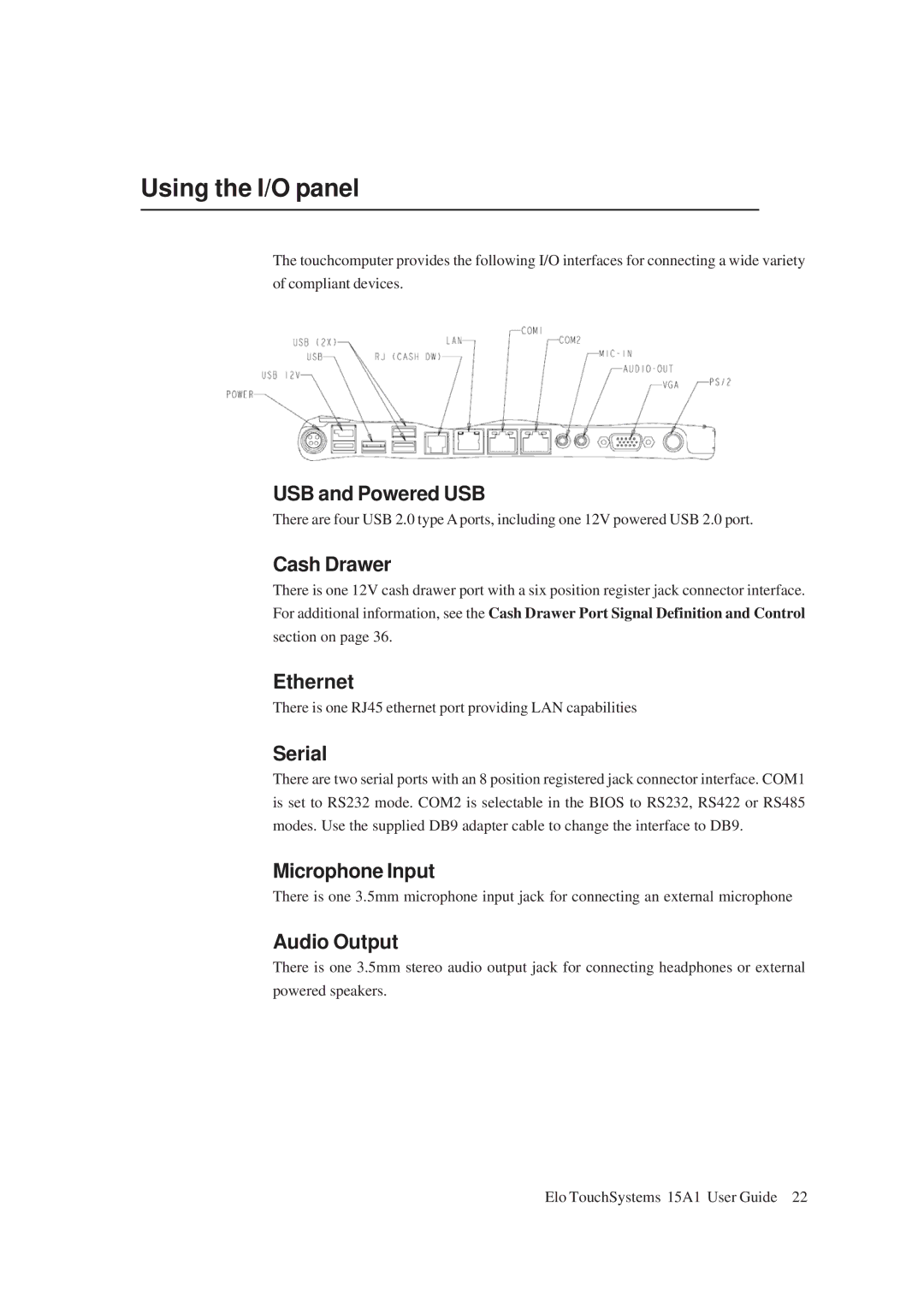 Elo TouchSystems 15A1 manual Using the I/O panel 