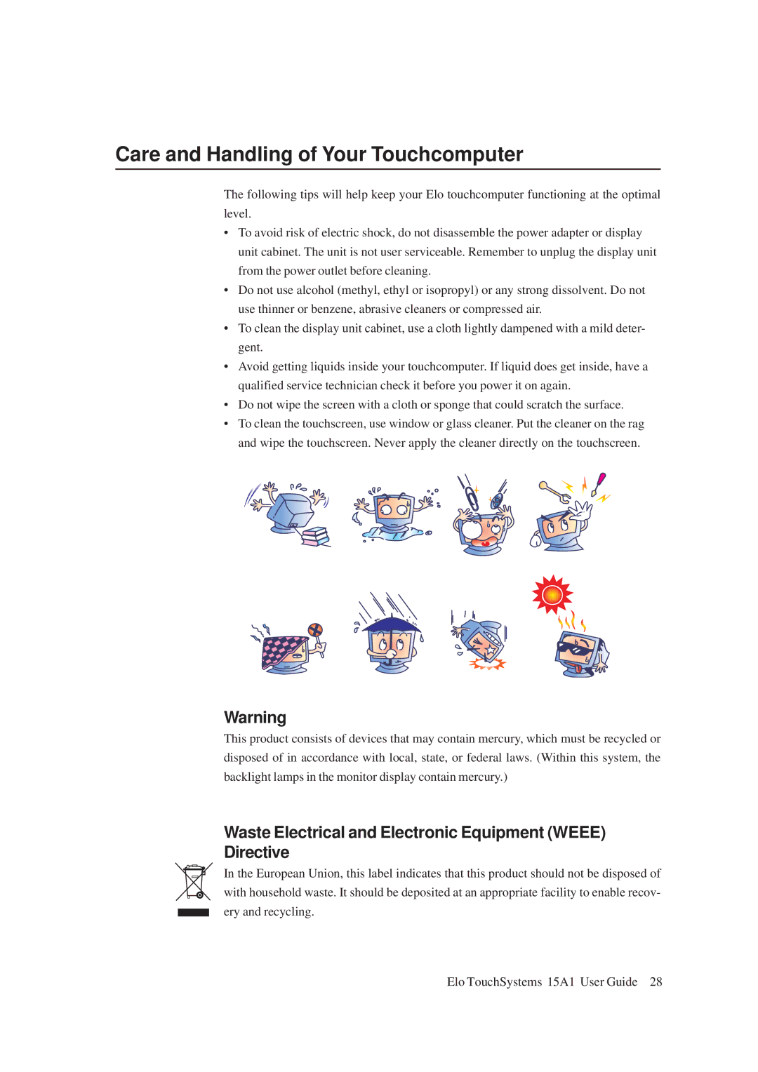 Elo TouchSystems 15A1 Care and Handling of Your Touchcomputer, Waste Electrical and Electronic Equipment Weee Directive 