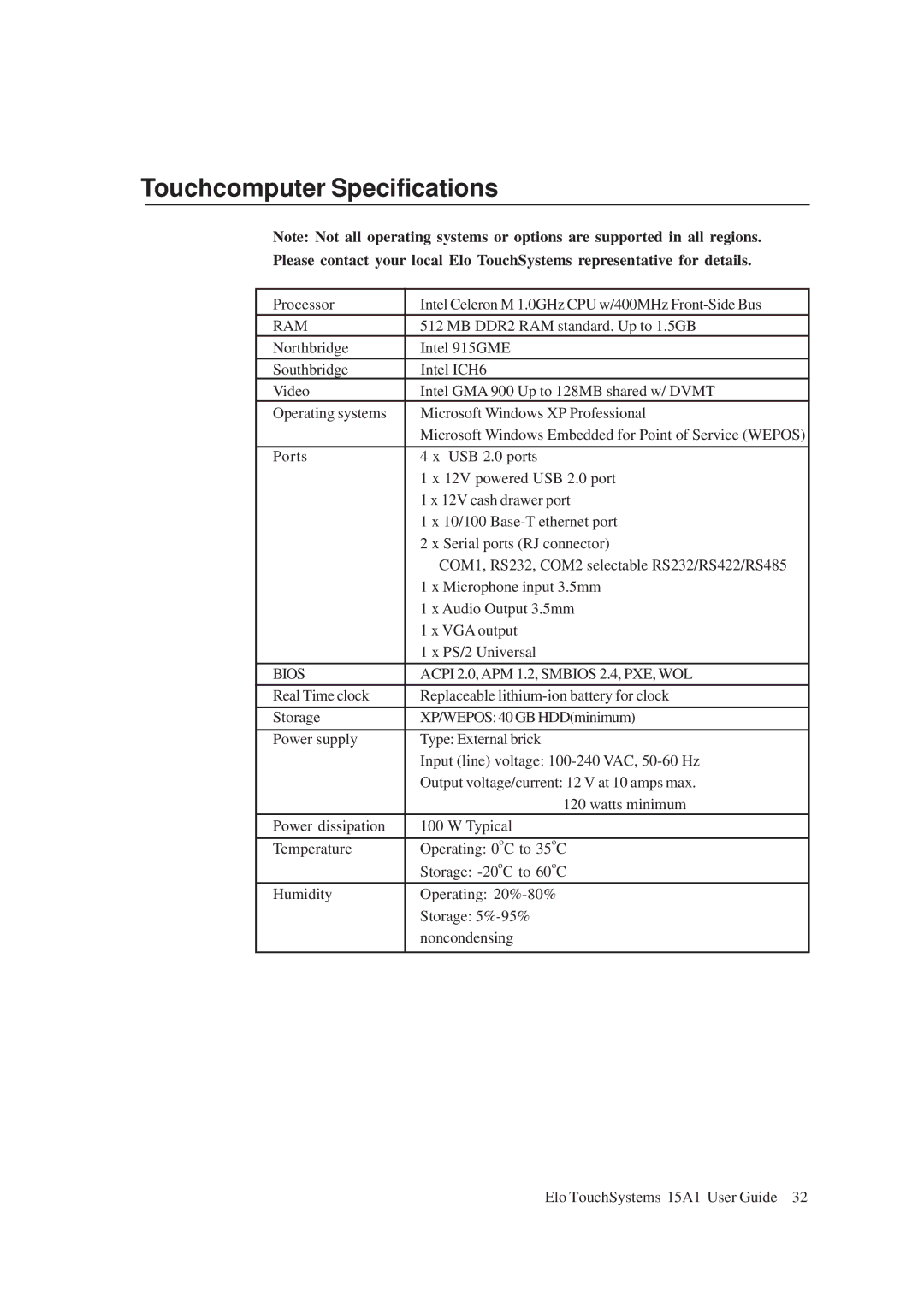 Elo TouchSystems 15A1 manual Touchcomputer Specifications, Ram 