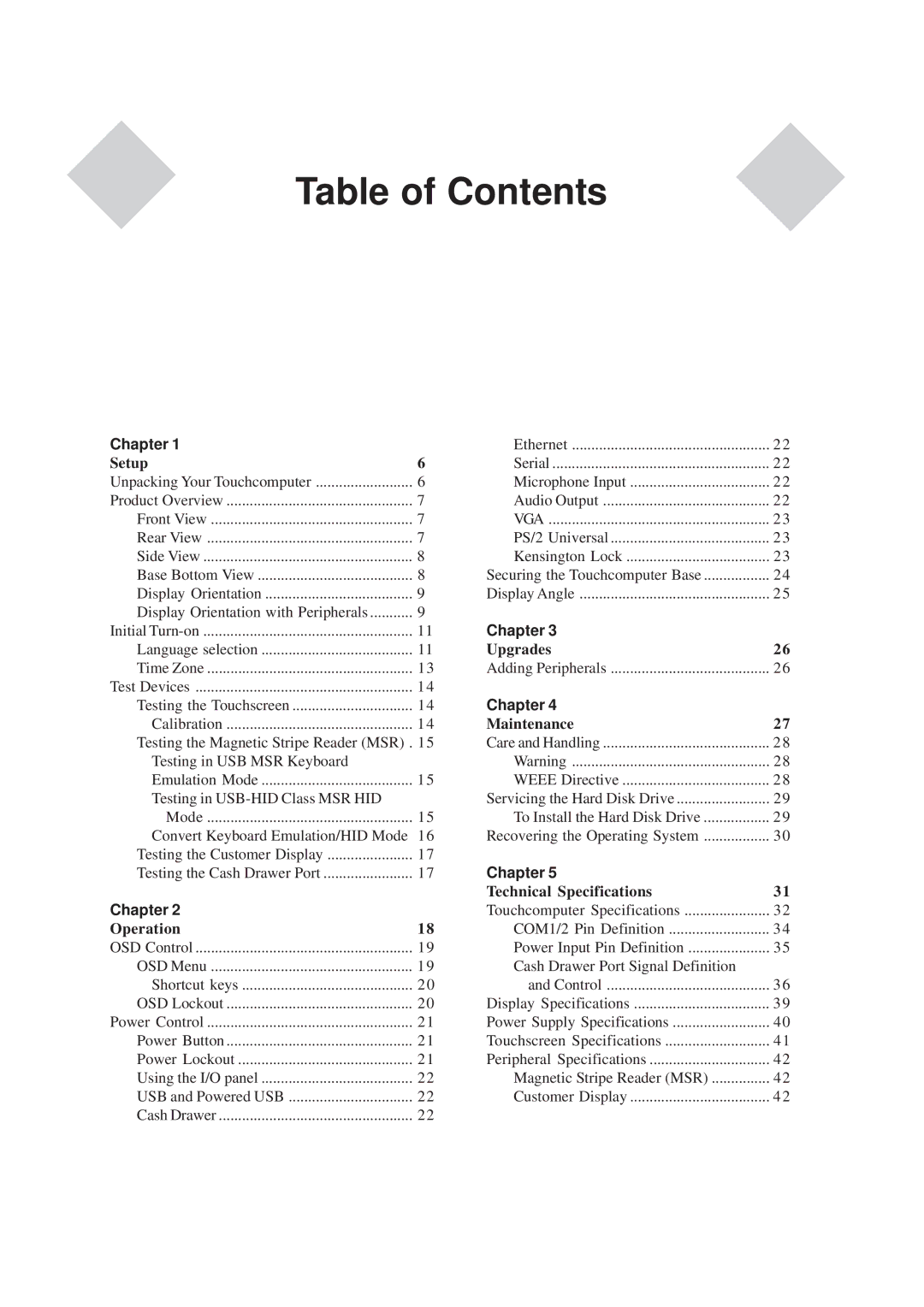 Elo TouchSystems 15A1 manual Table of Contents 