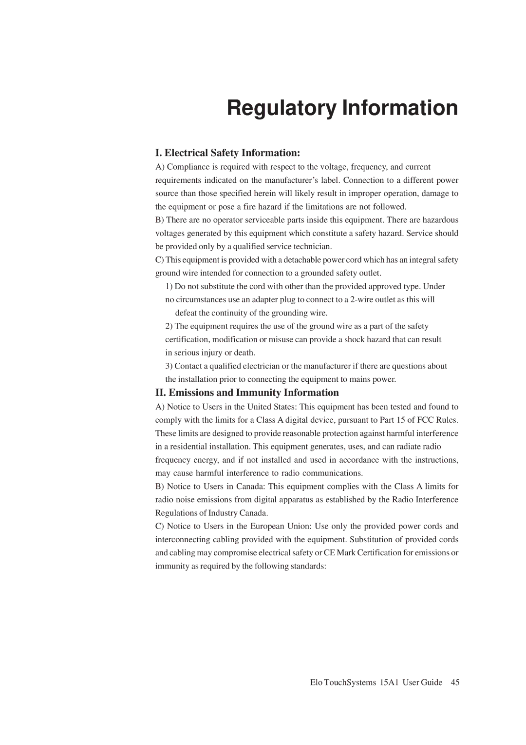 Elo TouchSystems 15A1 manual Regulatory Information, Electrical Safety Information, II. Emissions and Immunity Information 