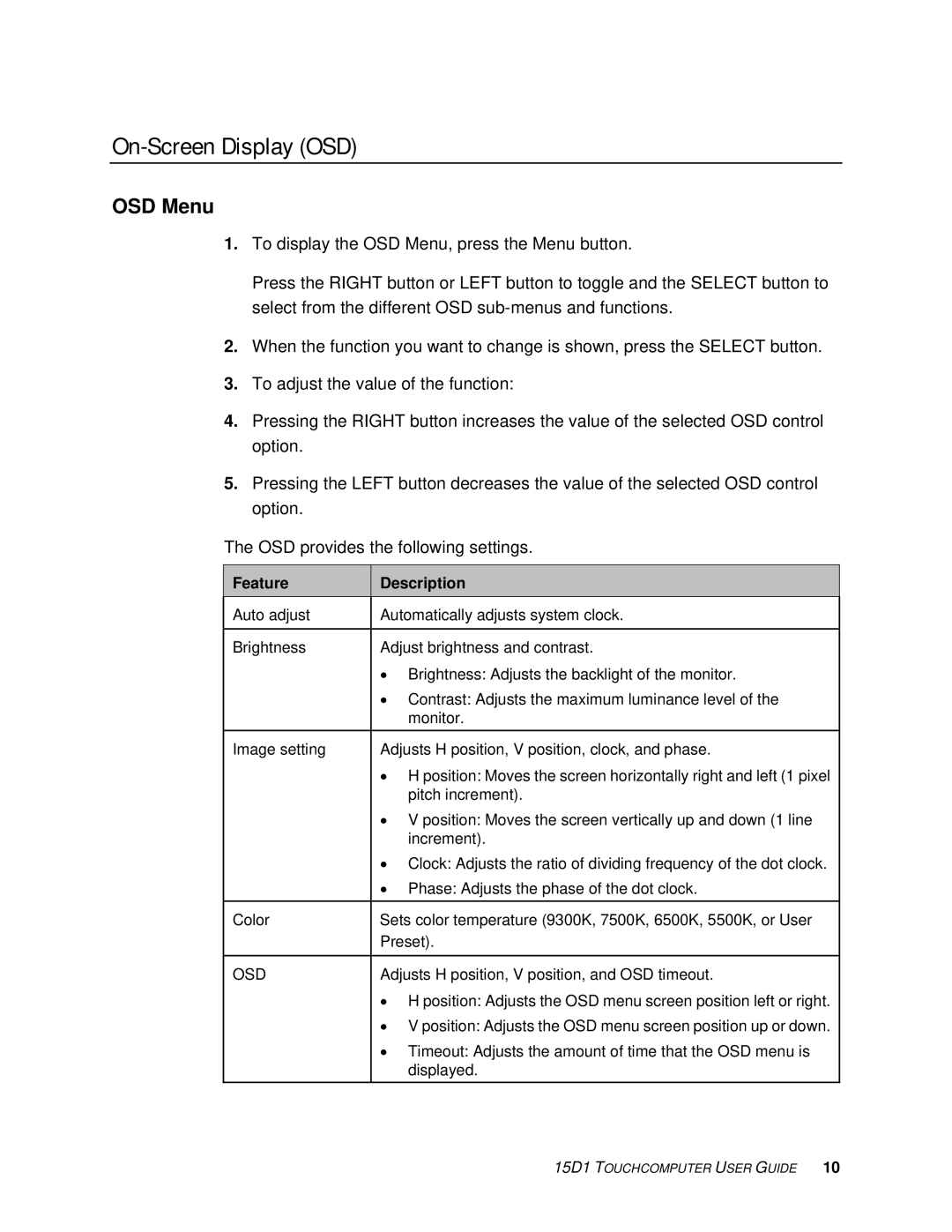 Elo TouchSystems 15D1 manual On-Screen Display OSD, OSD Menu 