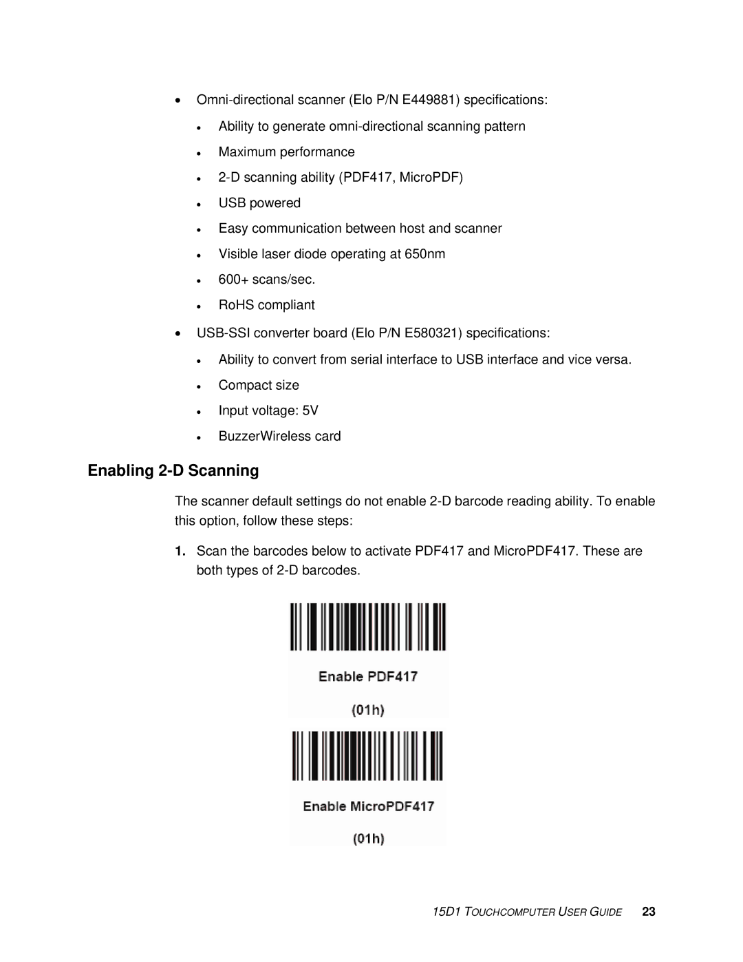 Elo TouchSystems 15D1 manual Enabling 2-D Scanning 